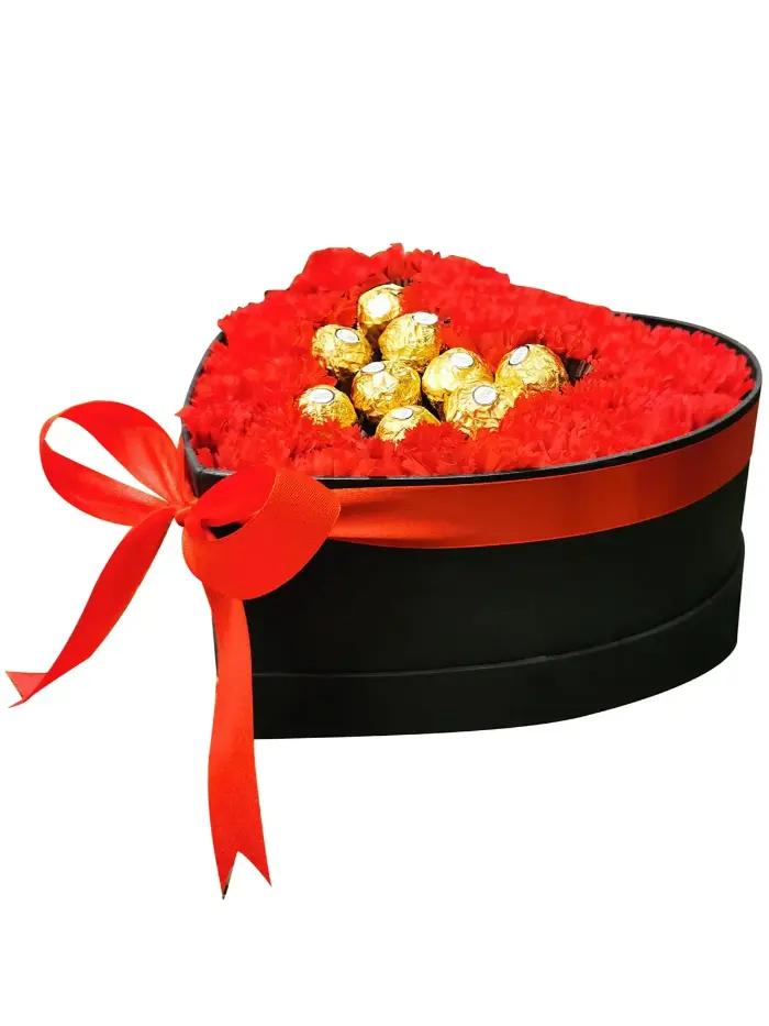 “Red Carnation Heart With Ferrero Rocher – premium heart-shaped bouquet with fresh red carnations and Ferrero Rocher chocolates, same-day delivery Cavite”