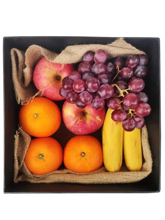 Premium Square Fruit Box with red grapes, apples, oranges, bananas, black square box, and burlap lining for delivery in Palanan Makati City